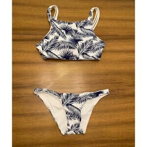 Khongboon Bitlis Bikini Halter Top and Bottom Blue White Tropical Reversible (S)